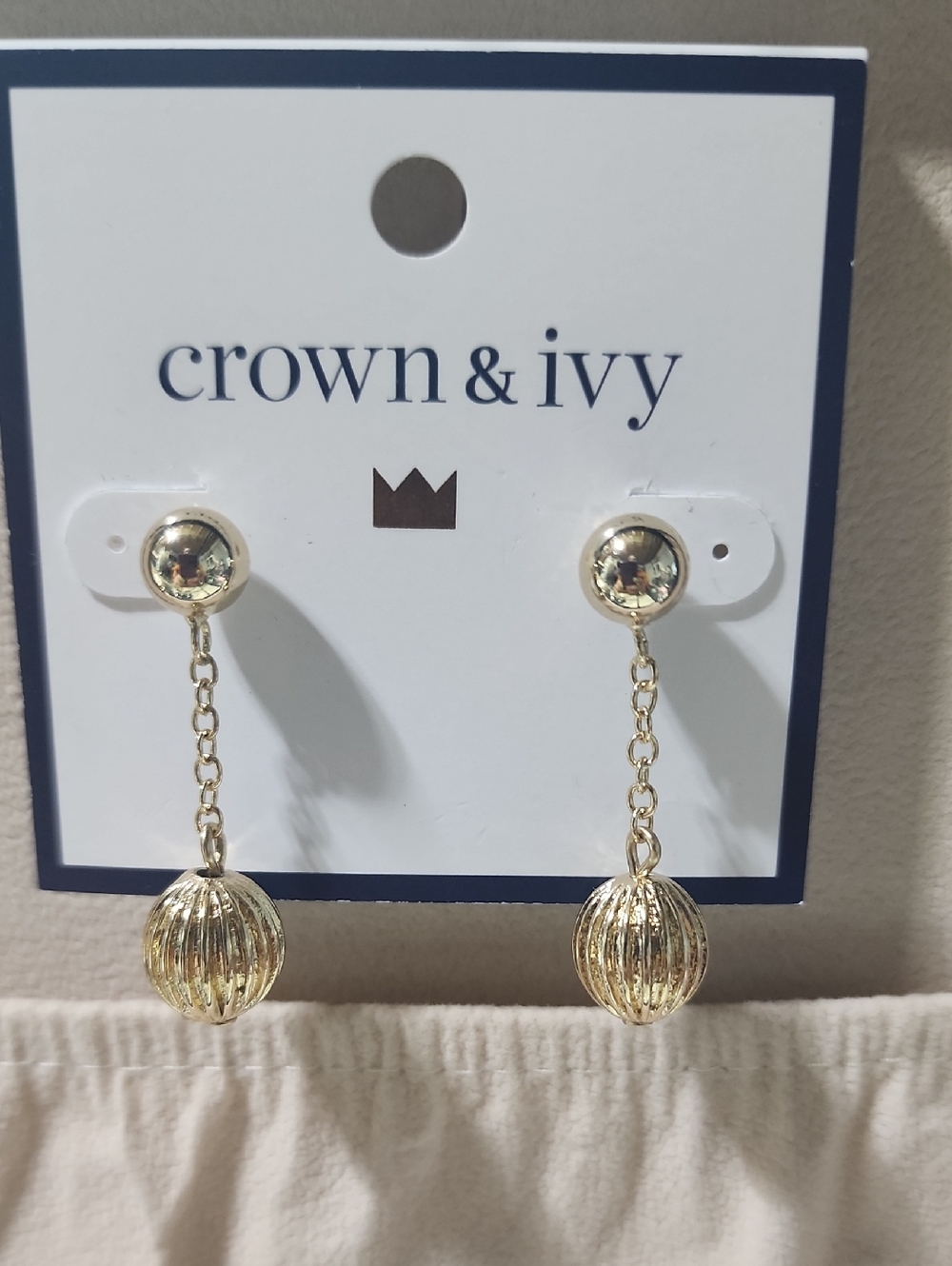crown & ivy Gold Ribbed Ball Drop Earrings